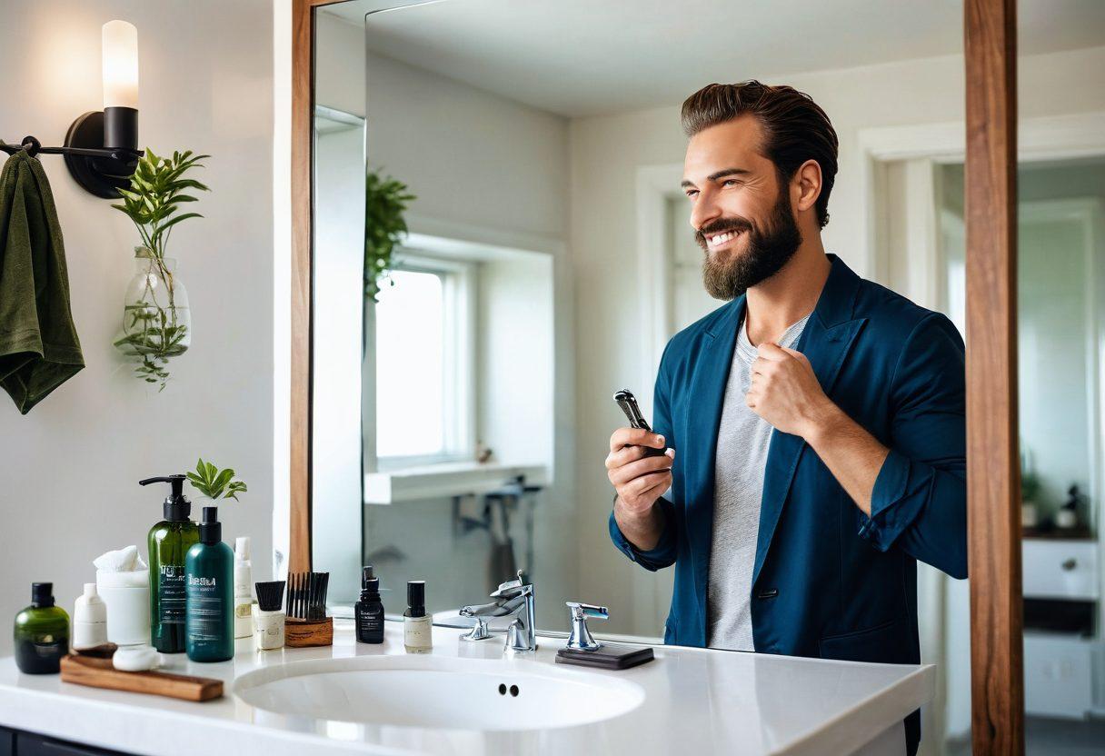 A stylish modern man in a well-lit bathroom, showcasing a grooming routine. He holds a sleek razor in one hand while applying aftershave with the other, surrounded by high-end grooming products like hair wax, beard oil, and cologne. The reflection in the mirror reveals a confident smile, emphasizing self-care and style. The scene uses soft natural light and includes greenery for a fresh touch. super-realistic. vibrant colors. white background.