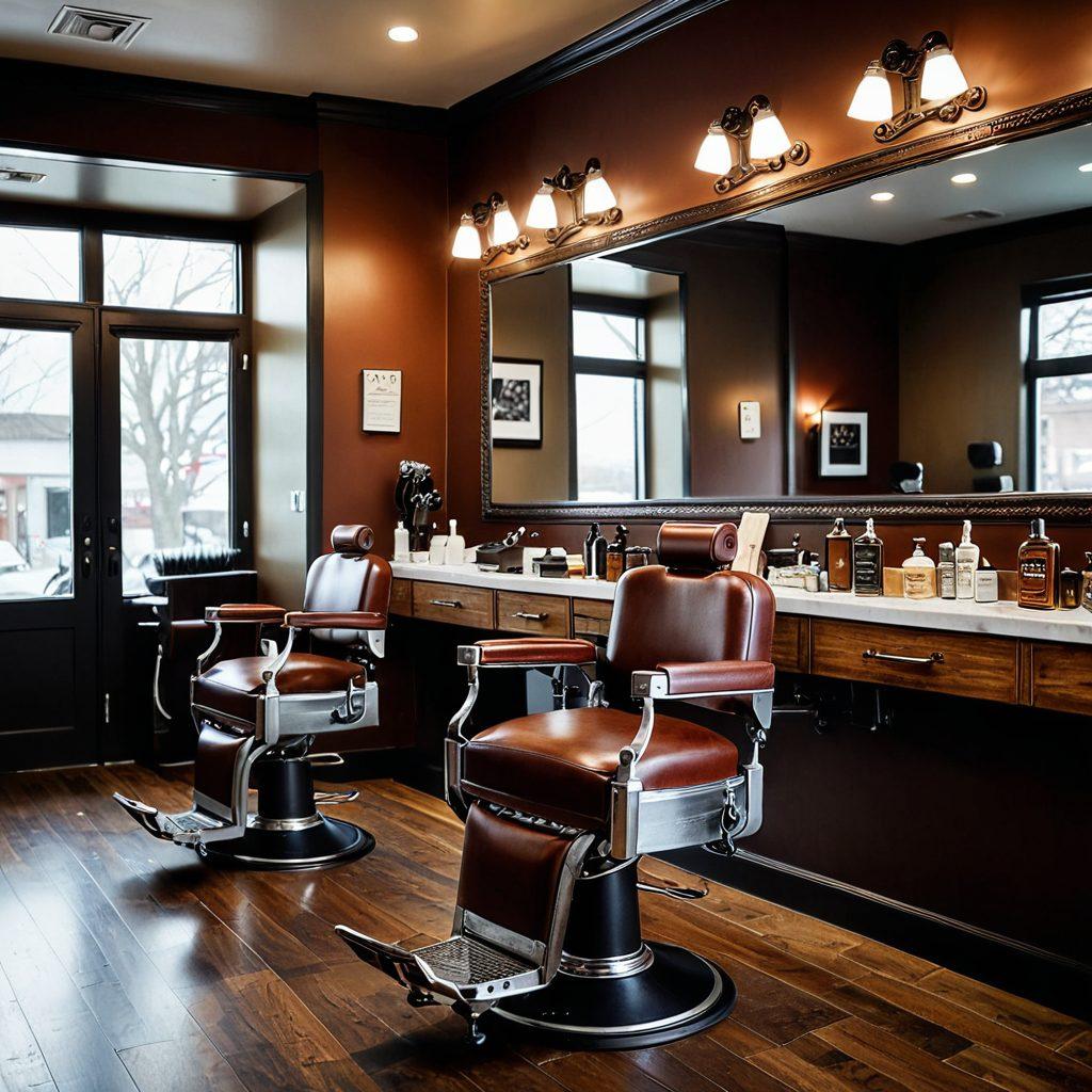 A stylish barbershop interior featuring vintage barber chairs, grooming tools neatly arranged, and a mirror reflecting a well-groomed man getting a haircut. Incorporate personal care products like shaving cream, beard oil, and cologne in the foreground. Warm, inviting lighting enhances the ambiance, illustrating the transition from barbershop to personal care. super-realistic. vibrant colors.