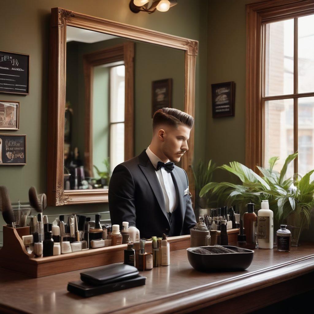 A sophisticated gentleman in a stylish barber shop, showcasing various hair care and grooming products on a sleek countertop. The man has a fresh haircut and is confidently styling his hair in front of a vintage mirror. Soft, warm lighting enhances the inviting atmosphere with hints of greenery from indoor plants. Include modern grooming tools like scissors, brushes, and pomades artistically arranged. super-realistic. warm tones. contemporary style.